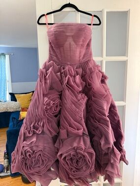 Mauve Strapless Ruffled Tulle Gown